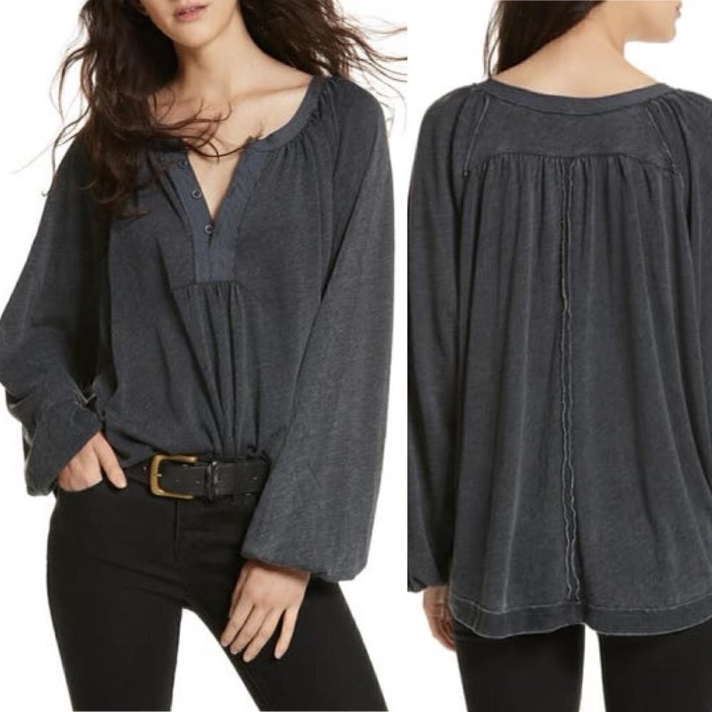 We The Free People Acadia Henley Grey Bubble Sleeve Flowy Oversized Blouse